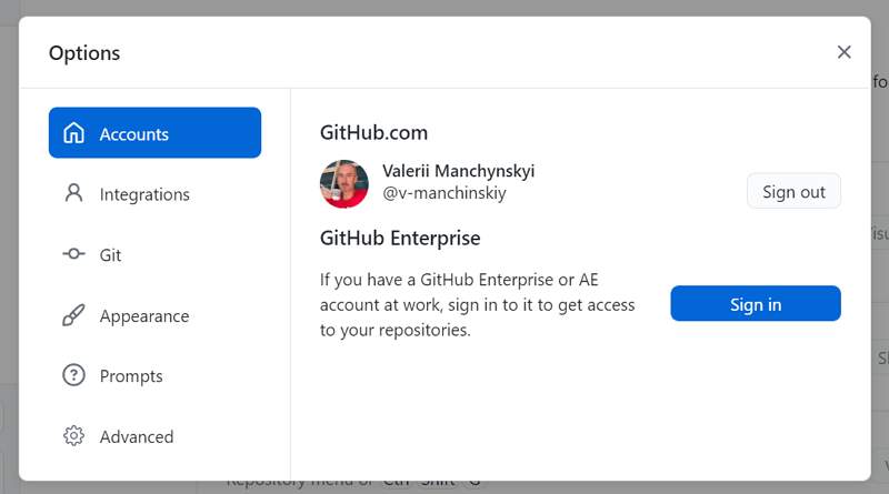github desktop account