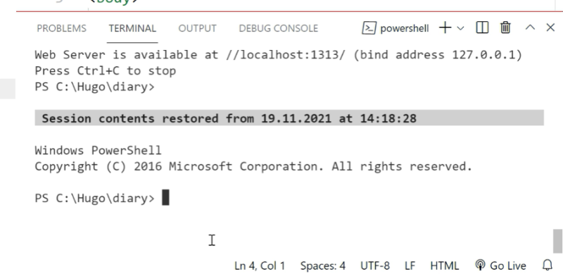 hugo server command in terminal